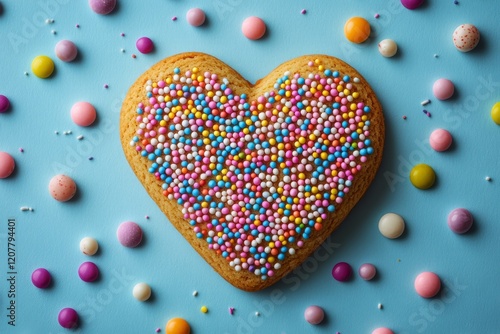 Colorful heart-shaped cookie decorated with sprinkles on a blue surface