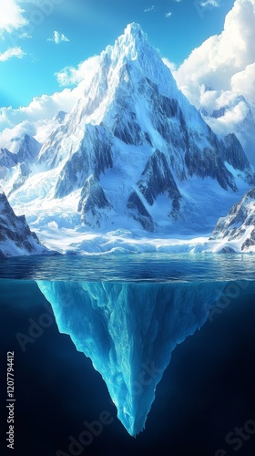 Iceberg floating serenely in clear blue water under a sunny sky with fluffy c...