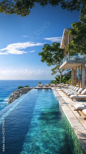 Luxurious infinity pool overlooking the ocean under a clear blue sky on a sun...