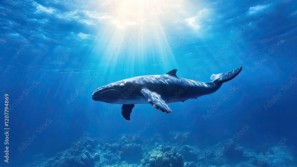 majestic humpback whale swims gracefully under sunlight in vibrant ocean scene majestic humpback whale swims gracefully under sunlight in vibrant ocean scene