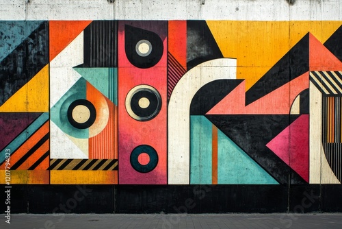 Vibrant geometric mural on concrete wall featuring bright colors and abstract...