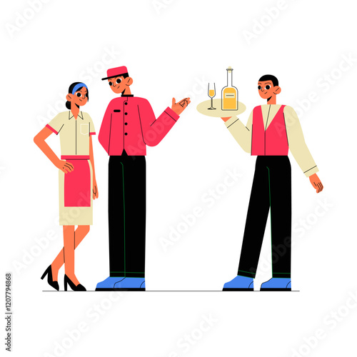 Waitstaff Group In Hotel Uniforms In Flat Vector Illustration Symbolizing Hospitality, Customer Service, And Restaurant Staff, Isolated On White Background.