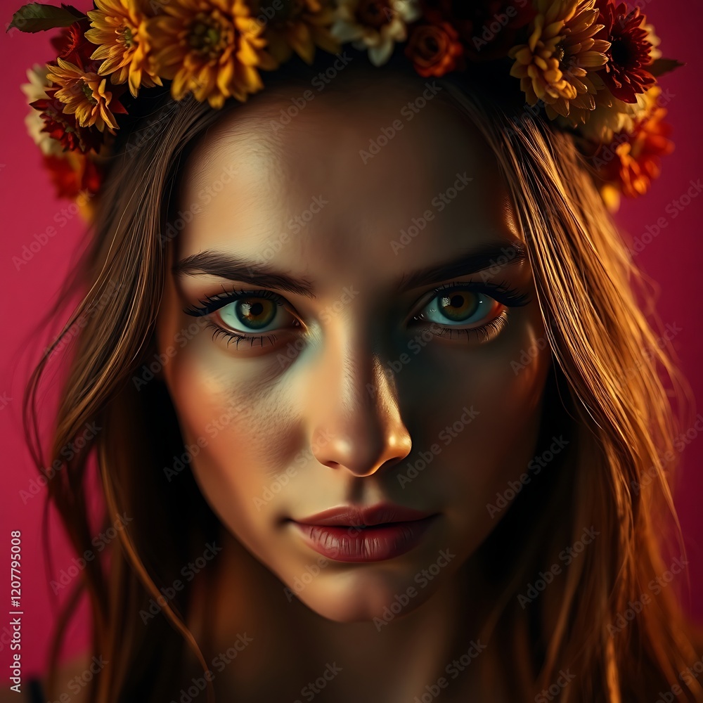 Woman with flower crown, intense gaze. Woman with flower crown, intense gaze.