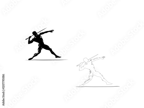 A dynamic silhouette vector illustration of a javelin thrower in mid-action, showcasing the athlete's power and accuracy. vector illustration  line art black and white design.