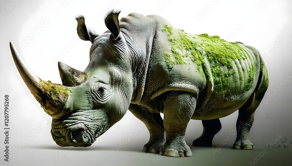 Fototapeta premium Nature-Inspired Rhino with Green Moss on Horn and Back