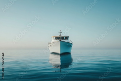Luxury yacht resting on calm waters during early morning mist with a serene a...