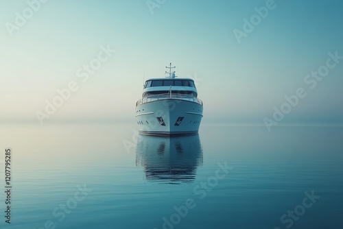 Luxury yacht resting on calm waters during early morning mist with a serene a...