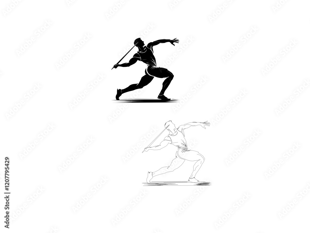 A dynamic silhouette vector illustration of a javelin thrower in mid-action, showcasing the athlete's power and accuracy. vector illustration line art black and white design. A dynamic silhouette vector illustration of a javelin thrower in mid-action, showcasing the athlete's power and accuracy. vector illustration line art black and white design.