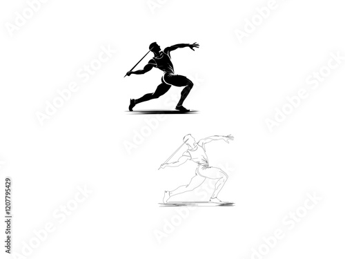 A dynamic silhouette vector illustration of a javelin thrower in mid-action, showcasing the athlete's power and accuracy. vector illustration  line art black and white design.