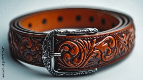 Handcrafted leather belt with intricate floral design displayed on wooden sur...