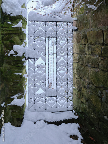 Deep overnight snow picks out the decorative wrought iron gate pattern on the North Yorkshire smallholding at 900ft photo