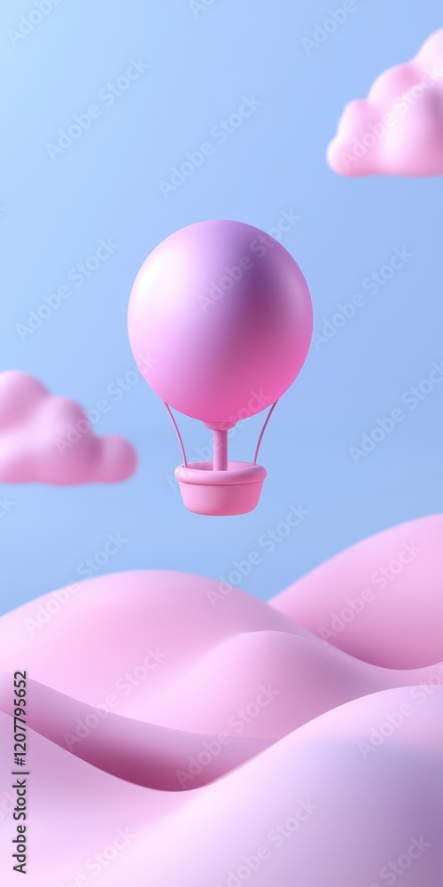 Naklejka premium A whimsical pink hot air balloon floats above soft pastel clouds and mountains.