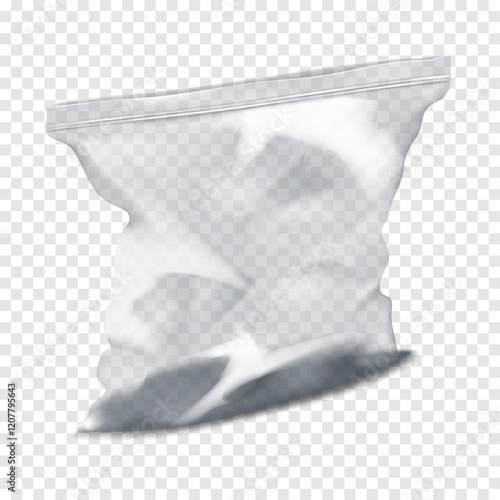 Clear glossy plastic pouch with zip lock. Realistic 3d vector mockup. Transparent empty zipper PVC package. Mock-up. Ziplock resealable vinyl poly bag. Template for design