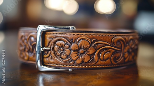 Handcrafted leather belt with intricate floral design displayed on wooden sur...