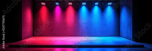 **Lively Ambiance**: A neon-bright game show setting with vivid red and blue tones, intended for an energetic and exhilarating stage.