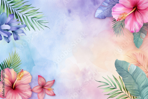 Tropical watercolor background with hibiscus flowers and palm leaves in soft pastel tones