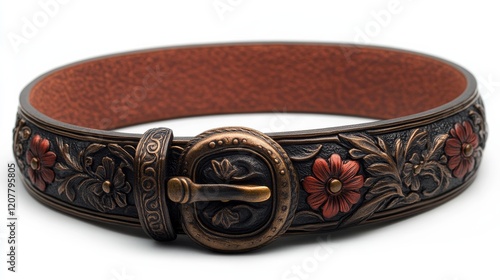 Handcrafted leather belt with intricate floral design displayed on wooden sur...