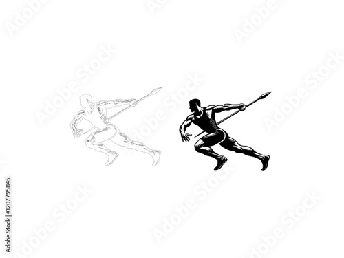 A dynamic silhouette vector illustration of a javelin thrower in mid-action, showcasing the athlete's power and accuracy. vector illustration  line art black and white design.