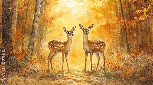 Majestic Whitetail Deer Pair in Golden Autumn Forest Watercolor Painting
