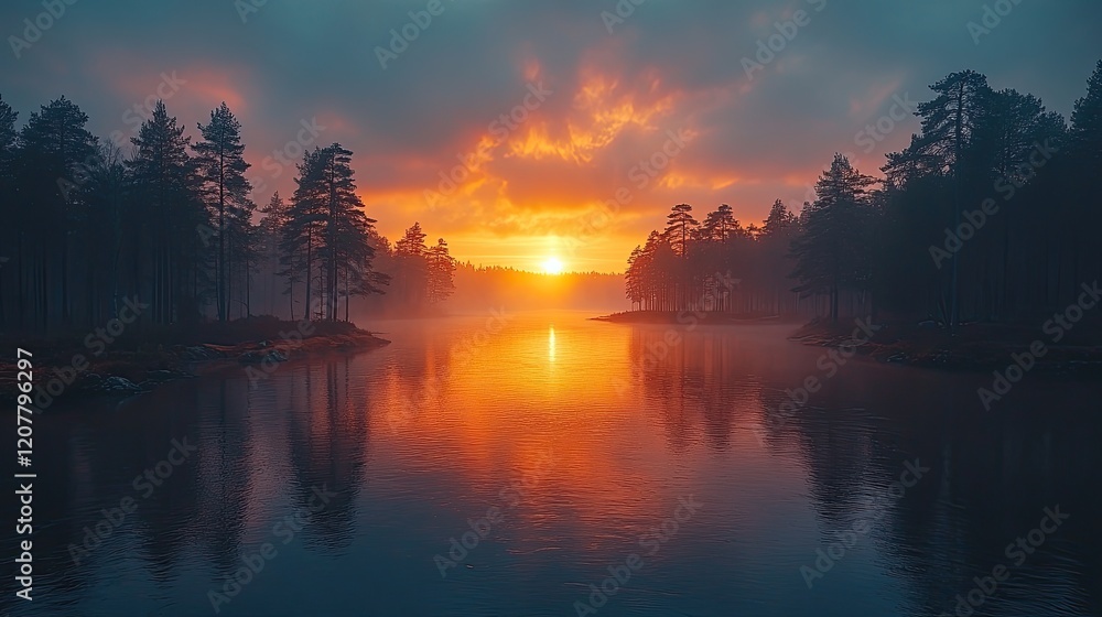 Obraz premium Misty sunrise over boreal lake, reflecting fiery sky