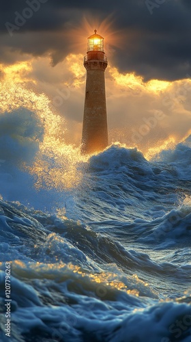Stunning sunset behind a lighthouse illuminating the ocean waves at dusk