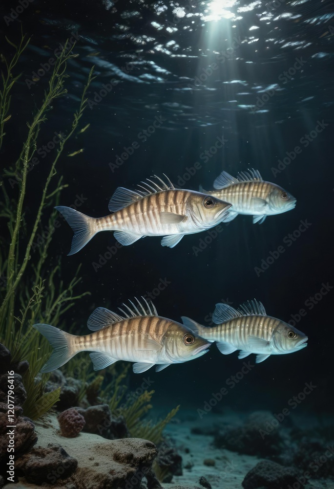 Fototapeta premium Bioluminescent Bonefish with Glowing Tails in Dark Waters, dark waters, glowing tails, underwater landscape
