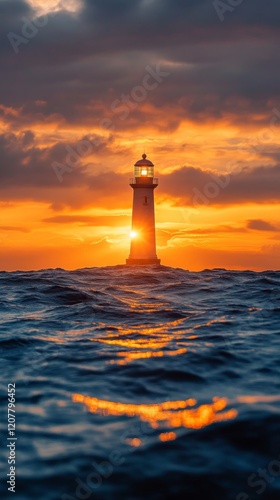 Stunning sunset behind a lighthouse illuminating the ocean waves at dusk