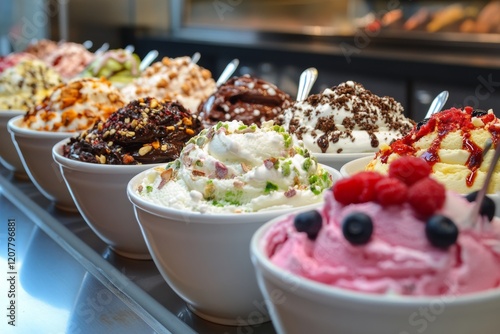 Colorful ice cream swirls in bowls arranged on a dark surface highlighting va...