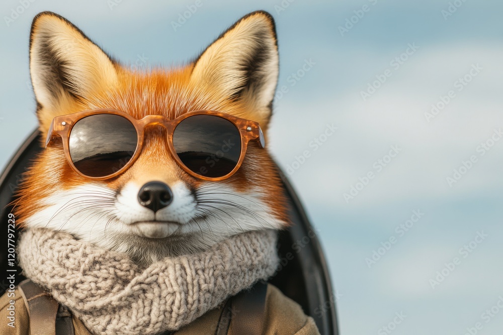 Adventurous fox in sunglasses outdoor setting animal portrait playful vibe close-up view whimsical concept Adventurous fox in sunglasses outdoor setting animal portrait playful vibe close-up view whimsical concept