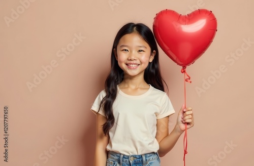 Portrait of cute asian girl with long hair holding heart shaped balloon on brown background. Perfect for valentine's day greetings. Space for text