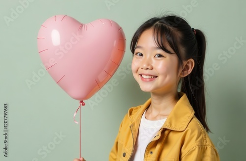 Portrait of cute asian girl in yellow shirt and long hair holding heart shaped balloon on green background. Perfect for valentine's day greetings. Copyspace