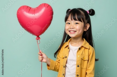 Portrait of cute asian girl in yellow shirt and long hair holding heart shaped balloon on green background. Perfect for valentine's day greetings. Copyspace photo