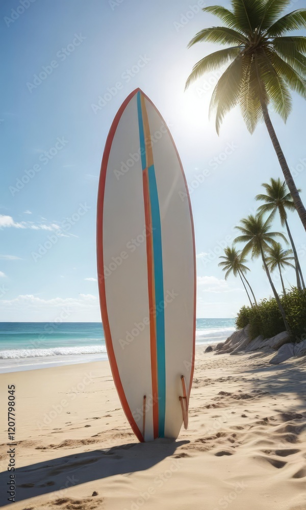 Beach scene with a surfboard and a clear blue sky, beach, waves Beach scene with a surfboard and a clear blue sky, beach, waves