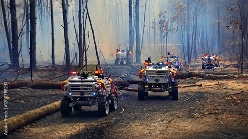 unmanned vehicles, robots rescuers driving through a burnt forest