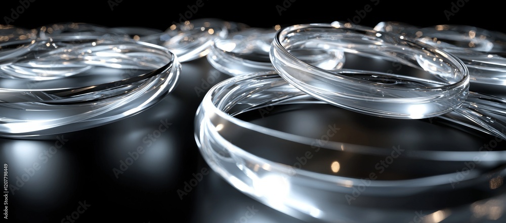 A 3D illustration of clear, glossy holographic gradient geometric circles on a black background, showcasing transparent liquid glass rings with an iridescent dispersion effect, ideal for a technology A 3D illustration of clear, glossy holographic gradient geometric circles on a black background, showcasing transparent liquid glass rings with an iridescent dispersion effect, ideal for a technology
