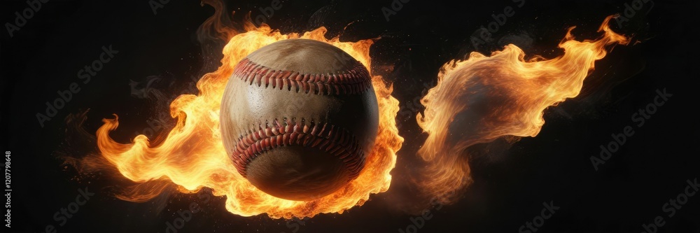 Baseball on fire with flames engulfing the ball, isolated on black background, pitching, baseball Baseball on fire with flames engulfing the ball, isolated on black background, pitching, baseball