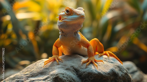 Bearded dragon basking on a rock amidst lush greenery in a warm environment