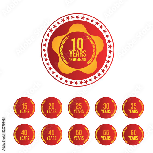 Ten year anniversary white background with golden badges different number set