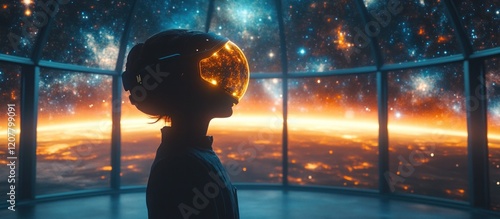 Lone astronaut silhouetted against the vast expanse of the cosmos captivated by the breathtaking sights visible through the spacecraft s observation window  The image evokes a sense of wonder photo