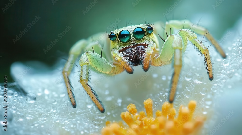 macro photography of emerald green crab spider perched on white dewdropcovered web intricate detail of chelicerae and eyes against soft focus background macro photography of emerald green crab spider perched on white dewdropcovered web intricate detail of chelicerae and eyes against soft focus background