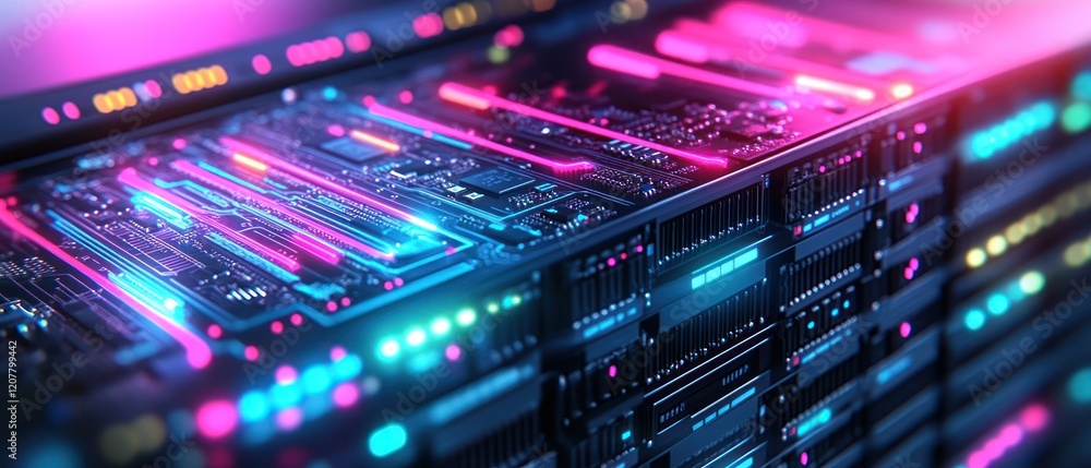 Fototapeta premium Futuristic Data Server with Vibrant Neon Lights in a Tech Environment