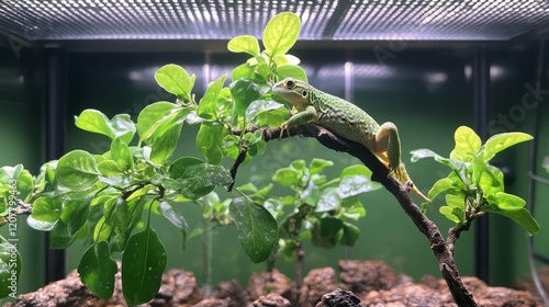 Lizard perched on a branch amidst lush green foliage in a vibrant habitat set...