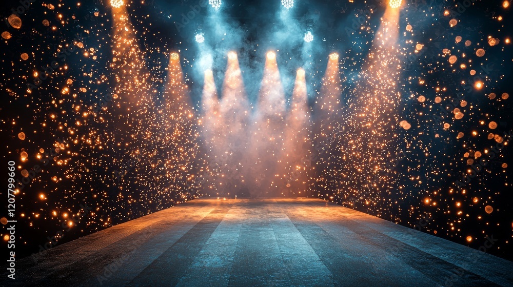 Fototapeta premium A lengthy, vacant runway illuminated by overhead white spotlights. The setting is prepared for a fashion show or another performance.