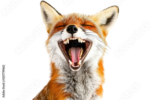 A playful red fox with its mouth wide open in a joyful, laughing expression, isolated on a white background.  Perfect for designs needing a fun, wild animal element. photo