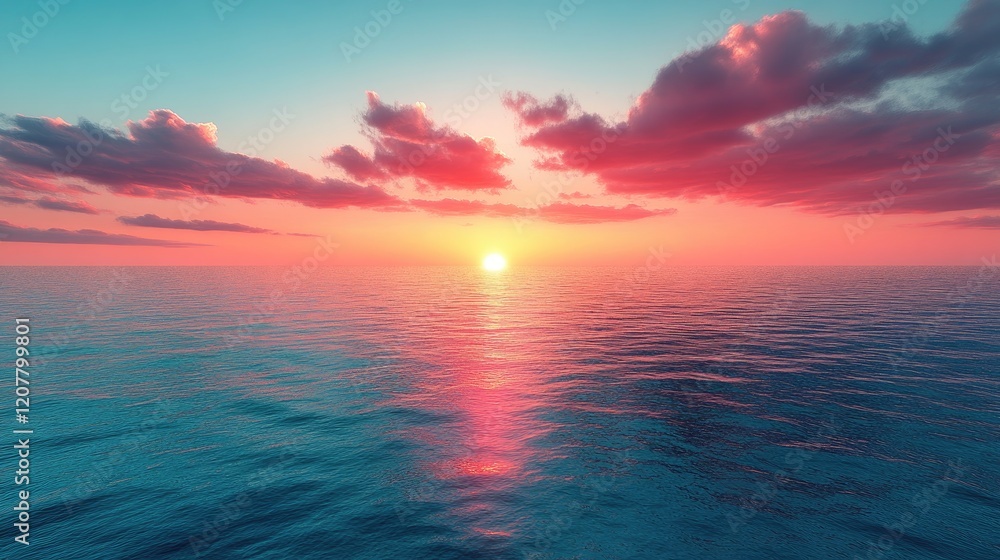 Fototapeta premium Ocean sunset, pink cloudscape, calm sea, aerial view, travel poster