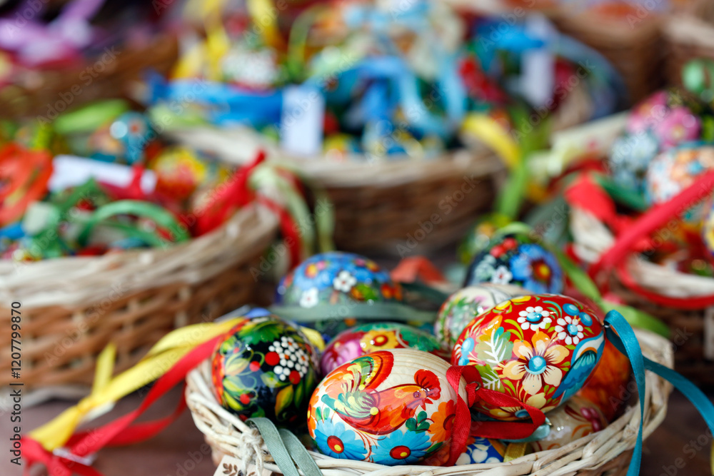 Colorful and painted Easter eggs in traditional Easter market, Vienna, Austria