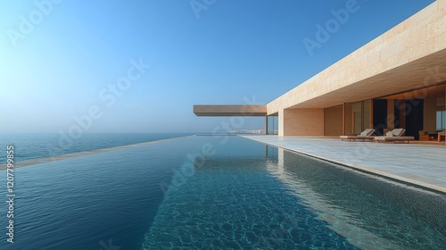 Luxury modern villa with infinity pool overlooking scenic mountains in sunny ...