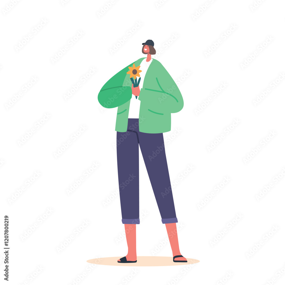 Young Girl With Flower In Hands, Female Character In Youthful Clothes Holding Blossom. Date, Romance, Love Concept Young Girl With Flower In Hands, Female Character In Youthful Clothes Holding Blossom. Date, Romance, Love Concept