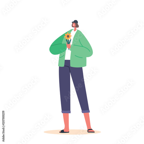 Young Girl With Flower In Hands, Female Character In Youthful Clothes Holding Blossom. Date, Romance, Love Concept