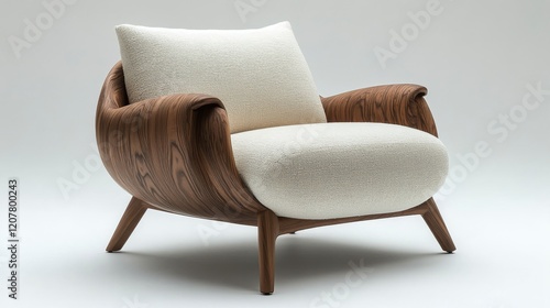 Modern armchair design featuring curved wood and soft fabric in minimalist style